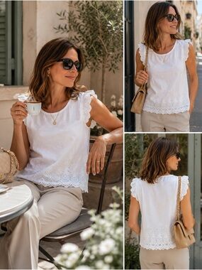 🇮🇹Made in Italy100%Linen White Eyelet Embroidered Blouse Size M Boho Cottagecore